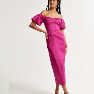 Abercrombie & Fitch Vibrant Pink Off-Shoulder Midi Dress